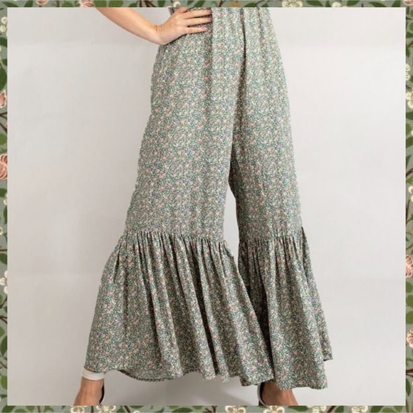 EASEL Smocked Sleeveless Lightweight Ultra Wide Leg Ruffled Hem Jumpsuit Romper - Picture 10 of 14